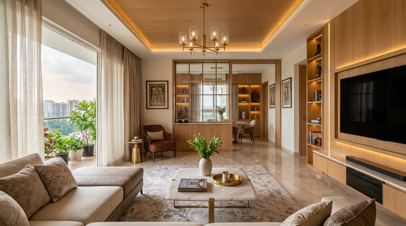 Premium Modern Home Living Room Interior in Bangalore by Yes To All